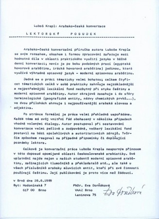 Lektorský posudek od PhDr. Evy SLOŽILOVÉ, Ph.D., M.A. (roz. DORŇÁKOVÉ) na moje skripta ARABSKO - ČESKÁ KONVERZACE 